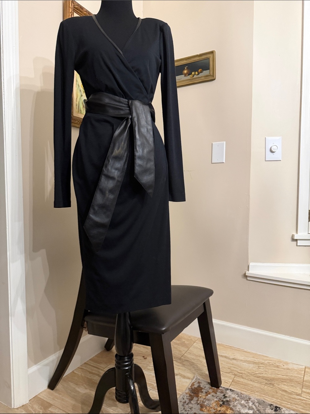 VINTAGE ESCADA  Knit Wrap Dress with Leather Sash Wrap